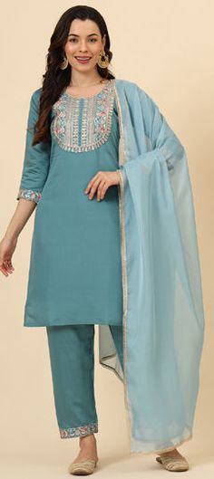 Blue color Salwar Kameez in Blended fabric with Embroidered, Resham, Thread work Designer Blue Palazzo Set With Embroidered Border, Blue Embroidered Palazzo Set For Designer Outfits, Blue Palazzo Set With Embroidered Border For Navratri, Blue Anarkali Set With Embroidered Border, Traditional Blue Straight Kurta With Sheer Dupatta, Blue Embroidered Palazzo Set With Traditional Drape, Blue Palazzo Set With Embroidered Border, Blue Palazzo Set With Sheer Dupatta For Eid, Festival Blue Palazzo Set With Embroidered Border