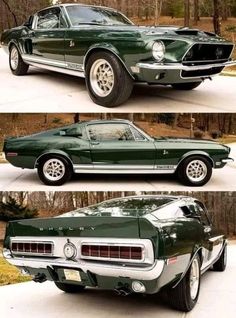 two pictures of the same green mustang, one in different colors and one in white