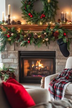 a living room filled with furniture and a fire place covered in christmas wreaths next to a fireplace