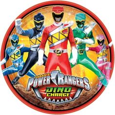 the power rangers logo is shown in red and blue colors, as well as four other characters