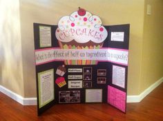 a cupcake display with information about it on the front and back walls in a room