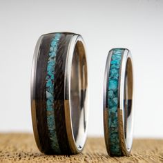 turquoise his and hers with Barnwood on titanium Turquoise Wedding Band, Koa Wood Ring, Blue Wedding Band, Carbon Fiber Rings, Barrel Rings, Antler Ring, Black Wedding Band, Tungsten Mens Rings, Turquoise Wedding