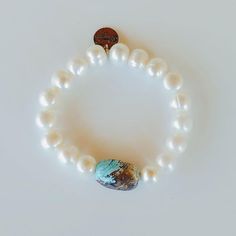 Gemstone Barrel & Pearl Stretch Bracelet - Beauty In Stone Jewelry Elegant Turquoise Agate Bracelets, Elegant Turquoise Bracelets With Natural Stones, Elegant Turquoise Beaded Bracelets With Natural Stones, Elegant Turquoise Stretch Bracelet As A Gift, Elegant Turquoise Stretch Bracelet As Gift, Elegant Turquoise Pearl Bracelet For Gift, Elegant Turquoise Stretch Bracelet With Natural Stones, Turquoise Pearl Bracelets With Round Beads, Handmade Turquoise Pearl Bracelets