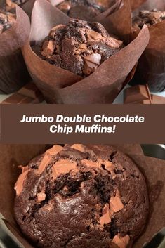 chocolate muffins in paper wrappers with text that reads jumbo double chocolate chip muffins