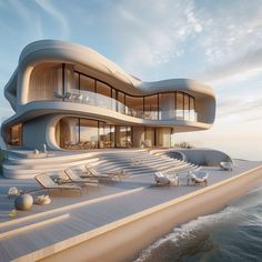 an artistic rendering of a futuristic beach house on the water's edge with lounge chairs and umbrellas around it