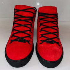 Size 12 Us Men, Balenciaga Red Suede Arenas, New - Never Worn Designer High-top Sneakers With Red Sole For Streetwear, Red Designer High-top Sneakers For Streetwear, Red High-top Custom Sneakers With Studded Outsoles, Designer Red Custom Sneakers For Streetwear, Luxury Red High-top Sneakers, Luxury Red Custom Sneakers For Streetwear, Winter Low-top Sneakers With Leather Sole, Red Casual Custom Sneakers With Studded Outsoles, Designer High-top Lace-up Sneakers With Red Sole