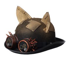 The Steampunk Bowler Hat with Goggles is certainly one of the cutest of the collection. A very original steampunk hat with its two little cat ears. This is the hat you need if you want to approach your costume in a relaxed way. A pair of glasses is integrated to the hat to bring a beautiful steampunk touch to the outfit. Be comfortable: enjoy high-quality materials For events: Steampunk, Gothic, Victorian ⚙️ Ultra-original hat: Cat ears and goggles Vintage Steampunk Style: unique details, classy Novelty Cat Ears Costume Hat For Cosplay, Vintage Hat Costume Accessories For Cosplay, Vintage Hat For Cosplay, Steampunk Costume Accessories With Brimmed Shape, Steampunk Brimmed Costume Accessories For Party, Steampunk Brimmed Costume Accessories For Costume Party, Steampunk Hat For Halloween, Steampunk Hat Halloween Costume Accessories, Steampunk Brimmed Halloween Costume Hat