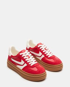 DODGE RED MULTI Red Sneakers Outfit, Red Tennis Shoes, Steve Madden Platform Sneakers, Red Platform, Tennis Shoes Outfit, Steve Madden Sneakers, Fall Mood, Fab Shoes, Taylor Swift Outfits