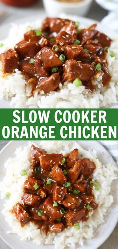 slow cooker orange chicken on top of white rice