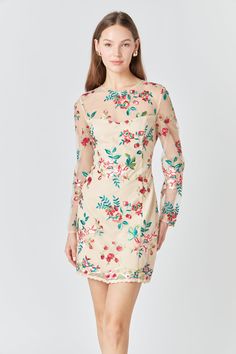 This stylish mini dress features an eye-catching floral embroidery a flattering fitted silhouette and long sleeves for a sophisticated feminine look. Perfect for special occasions and elegant evenings out. Floral embroidery Mini length Fitted Long sleeves Round neckline Pom Pom trims Back zipper Lining Hand wash cold Do not bleach Do not tumble dry Iron low Shell: 100% Polyester Contrast: 100% Nylon Lining: 95% Polyester 5% Spandex Exclusive of Decoration HN1773D Total length: 34.5 " Bust: 34" X Embellished Embroidered Dress For Spring Party, Chic Evening Dresses With Floral Embroidery, Spring Party Embellished Embroidered Dress, Spring Embroidered Sequin Dress For Party, Chic Floral Embroidered Evening Dress, Chic Embroidered Dress With Floral Design For Evening, Spring Sequined Embroidered Dress For Party, Chic Embroidered Fitted Dress For Formal Occasions, Spring Party Embroidered Dress With Sequins