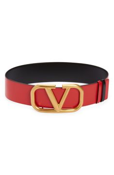 An archival VLOGO buckle boldly brands a smooth calfskin belt that reverses for double the styling options. 2 3/4" belt width; 6" x 3 1/2" buckle Leather Made in Italy Valentino Garavani, Leather Belt, Calf Skin, In Italy, Nordstrom, Buckle, Italy, Luxury Fashion, Leather