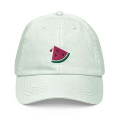 Quick, someone get Harry Styles on the phone! Ask if he likes this design! Everyone hopes for a summer as juicy as a nice, ripe watermelon, and with this hat, you're halfway there! Sort of. Cute and classic summer motif means that you will have a cute addition to any summer outfit this year. Embroidery is machine-finished for a professional, polished look. ABOUT THE PHYSICAL PRODUCT Classic cap shape features a curved visor with a high-quality adjustable buckle strap. Hat panels are unstructured Trendy Cotton Trucker Hat For Beach, Summer Beach Hats With Curved Bill, Summer Beach Hat With Curved Bill, Summer Beach Baseball Cap With Curved Bill, Trendy Beach Dad Hat, Trendy Cotton Baseball Cap For Vacation, Curved Bill Hats For Beach In Summer, Curved Bill Baseball Cap For Beach In Summer, Curved Bill Beach Hat For Summer