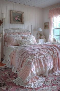 a bedroom with white walls and pink bedding