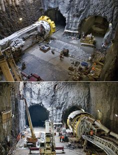 there are two pictures of the inside of a tunnel