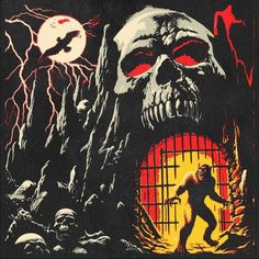 an image of a poster with a big monster in front of a jail cell full of zombies