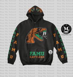 That's Fire Series HBUC Collection DESIGN: FAMU All Over Hoodie Design Vinyl. This Hood comes in a unisex Black Gildan style. An Excellent show STOPPER Guarantee to be the talk of the campus when wearing this Hoodie. Definitely an eye catcher and a great way to make a lasting impression. LET US KNOW IF YOU DON'T SEE WHAT YOUR LOOKING FOR? WE'LL DO OUR BEST TO MAKE IT HAPPEN! CARE INSTRUCTIONS: *Care Instructions: Wash inside out on a gentle cold cycle. Tumble dry on a low setting. Do not bleach. Black Sweatshirt For Game Day In Fall, Black Varsity T-shirt For Fall, Black Team Spirit Sweatshirt For Fall, Collegiate Winter T-shirt For Streetwear, Fall Fan Gear Hoodie With Graphic Print, Fall Graphic Print Hoodie For Fan Gear, Black Fall T-shirt For College, Black Hoodie With Letter Print For Game Day, Black Collegiate Long Sleeve Sweatshirt