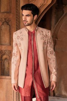 Dusty pink jacket with cutdana, zardozi, dabka embroidery in floral pattern. Paired with kurta and pant. - Aza Fashions Traditional Long Sleeve Pink Bandhgala, Traditional Pink Long Sleeve Bandhgala, Pink Nehru Jacket With Resham Embroidery, Elegant Pink Long Sleeve Nehru Jacket, Designer Pink Kurta With Resham Embroidery, Pink Resham Embroidered Bandhgala For Formal Occasions, Pink Nehru Jacket With Zari Work, Formal Pink Bandhgala With Resham Embroidery, Pink Bandhgala With Zari Work And Long Sleeves