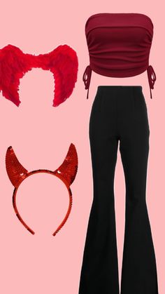 a red top and black pants with horns on the bottom are featured in this image