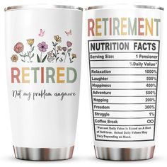 a white coffee cup with the words retirement and nutrition fact on it's side