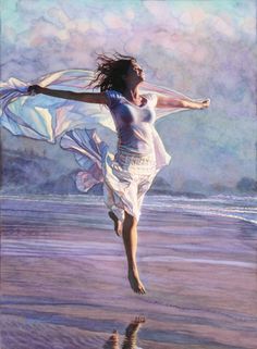 a painting of a woman running on the beach with her arms spread out and a quote about god's presence