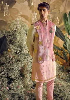 Papa Don'T Preach By Shubhika-Hugo Pink Ombre Kurta And Koti Set-INDIASPOPUP.COM Luxury Art Silk Bandhgala With Intricate Embroidery, Luxury Kurta For Groom Suitable For Festivals, Luxury Gold Nehru Jacket With Chikankari Embroidery, Luxury Anarkali Embellished Sherwani, Luxury Party Wear Nehru Jacket With Zari Work, Luxury Brocade Wedding Kurta, Luxury Chanderi Bandhgala With Cutdana, Luxury Bandhgala With Geometric Embroidery For Eid, Luxury Silk Sherwani For Festivals