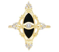 Embrace a touch of protection and style with this exquisite ring that combines the allure of white topaz with the symbolic evil eye, all set in a beautifully designed 14K yellow gold plating. It's a unique accessory that not only complements your wardrobe but also carries a deeper meaning. From Goddaughters. Elegant Gold Rings With Diamond Eyes, Black Spiritual Jewelry With Evil Eye, Elegant Evil Eye Rings, Yellow Gold Evil Eye Rings As Gifts, Symbolic Evil Eye Jewelry Ring, Spiritual Evil Eye Ring Jewelry, Spiritual Black Onyx Rings, Gorgeous Rings, Black Diamond Jewelry