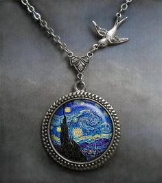 Starry Night Flight Van Gogh necklace (Listing 02) A vintage style necklace in an antique silver finish features a sweet little bird in flight (nightingale?)and Van Goghs beautiful Starry Night dangling from an old-fashioned rosary connector. The pendant measures 1-3/16 across Celestial Round Pendant Necklace For Collectibles, Artistic Round Pendant Necklaces For Art Collection, Sterling Silver Necklace With Artistic Design, Artsy Nickel-free Pendant Necklace, Artistic Silver Necklaces, Nickel Free Fantasy Pendant Necklace, Nickel-free Fantasy Pendant Necklace, Vintage Necklaces With Artistic Design For Gift, Fantasy Pendant Necklace Nickel Free