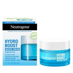 Neutrogena Hydro Boost Water Cream with hyaluronic acid replenishes vital water content within skin's surface for glowing skin. Ideal for dry, sensitive, & acne-prone skin, this face cream from a dermatologist-recommended skin care brand instantly delivers 9x more hydration for quenched, dewy skin (vs. untreated skin). The lightweight face moisturizer is formulated with hyaluronic acid, dermatologist-recommended hydrator that binds to water & hold it within the skin's surface, plus Natural Moist Moisturizer Packaging, Mini Collectables, Water Gel Moisturizer, Gel Face Moisturizer, Sensitive Acne Prone Skin, Dermatologist Recommended Skincare, Hydro Boost, Neutrogena Hydro Boost, Extra Dry Skin