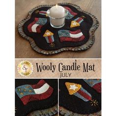 a candle that is sitting on top of a rug with the words wooly candle mat july