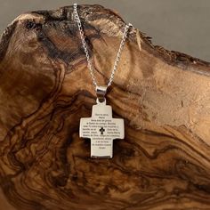 Cross necklace with Hail Mary pray in Spanish Pray pendant necklace for Baptism pendant gift for baptism jewelry for first communion gifts Beautiful .925 silver cross pendant with the Ave Maria prayer engraved. This necklace could make a great baptism gift for a baby, or a toddler. The cross pendant comes with a delicate 15in (40cm) figaro chain 0 by 1 caliber 35mm of 0.925 silver with lobster clasp. Item Overview *Handmade *Made in Mexico *Ships from CA, USA Item Details *Cross Height: 0.86in ( Silver Cross Necklace For Father's Day Gift, Sterling Silver Spiritual Jewelry For Memorial, White Cross Necklace As A Gift, Personalized Spiritual Crucifix Necklace, Inspirational Silver Necklace For Father's Day, Sterling Silver White Gold Necklace For First Communion, Personalized White Cross Necklace, Engraved Cross Jewelry For First Communion, Engraved Cross Necklace For First Communion