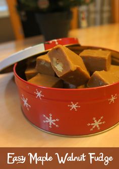 easy maple walnut fudge in a red tin