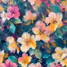 an abstract painting of pink and yellow flowers