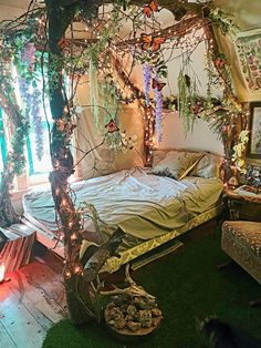 a bedroom decorated with fairy lights and decorations