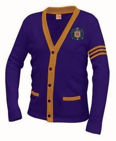 a purple cardigan with gold trims and a crest on the front, is shown