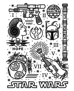 the star wars poster is shown in black and white, with various symbols on it