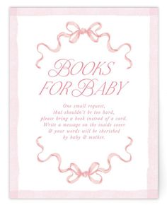 a pink card with the words books for baby on it