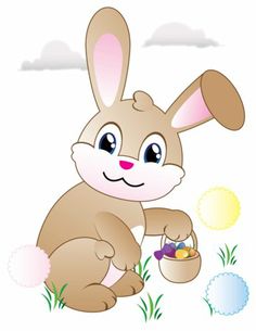 a cartoon bunny with an easter basket and eggs in it's hand, sitting on the grass