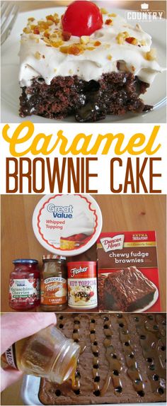 an advertisement for caramel brownie cake with chocolate and cherries on the top