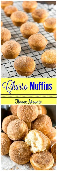 some muffins that are on top of a cooling rack with the words churro muffins above them