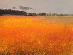 a painting of an orange field with trees in the background