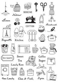 a drawing of kitchen items with the words cotton on them and an image of a sewing machine