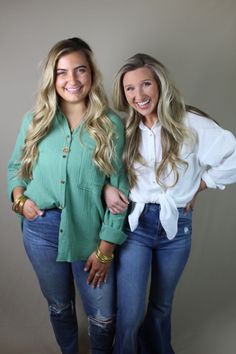 These adorable lightweight button-up tops are perfect as a spring transition piece! Throw this top on with some shorts over your bathing suit for a trendy beachy look. Scarlett is wearing a size M/L in the green and Peeper & Jordan are wearing a size S/M in white. Summer Tops With Button Closure For Beach Season, Summer Beach Tops With Buttons, Casual Light Green Long Sleeve Blouse, Chic Green Tops For Day Out, Chic Green Tops With Button Closure, Green Blouse With Button Closure For Vacation, Green Button-up Blouse For Summer, Casual Beach Season Blouse For Brunch, Green Vacation Blouse With Button Closure