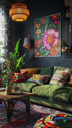 a living room filled with lots of furniture and colorful pillows on top of it's couch