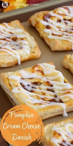 pumpkin cream cheese danish on a baking sheet with text overlay that reads pumpkin cream cheese danish