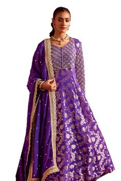 Purple banarasi anarkali with floral woven pattern and sequins embroidered yoke and sleeves. Comes with churidar and a mirror work dupatta. - Aza Fashions Anarkali Salwar Kameez With Pallu, Festive Floor-length Anarkali Set With Zari Work, Bollywood Style Slub Silk Salwar Kameez With Pallu, Anarkali Slub Silk Choli For Festivals, Semi-stitched Anarkali Set With Dupatta For Transitional Season, Embroidered Anarkali Set For Diwali, Transitional Floor-length Dola Silk Anarkali Set, Semi-stitched Raw Silk Anarkali Set For Diwali, Semi-stitched Anarkali Set For Festive Occasions