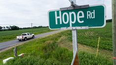 a green street sign sitting on the side of a road next to a lush green field