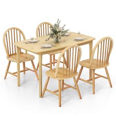 a wooden table with four chairs and a vase on top of it in front of a white background