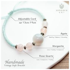 Discover the serene beauty of our Handmade Agate, Rose Quartz & Morganite Bracelet. This exquisite piece features a striking combination of natural gemstones, including a 13.4mm agate bead, 8.0mm rose quartz beads, and 8.0mm morganite beads. Strung on a durable adjustable cord (13cm-19cm), this bracelet fits all wrist sizes comfortably. Perfect as a thoughtful gift or a personal treasure, it embodies elegance and tranquility, making it a must-have for any jewelry collection. Item Details: *Item No.: C-BAC-014 *Stone Type: Agate, Rose Quartz and Morganite *Agate Beads Size: ±13.4mm *Rose Quartz Beads Size: ±8.0mm *Morganite Beads Size: ±8.0mm *Cord: Adjustable Cord 13cm-19cm, crafted from durable string to fit all wrist sizes Join our circle of kindness:  with every purchase, we invite you Hand-wrapped Rose Quartz Bead Jewelry, Elegant Rose Quartz Crystal Bracelet For Meditation, Rose Quartz 8mm Bead Jewelry As Gift, Rose Quartz 8mm Beads Jewelry Gift, Pink Adjustable Jade Jewelry, Elegant Rose Quartz Healing Bracelets, Handmade Elegant Rose Quartz Crystal Bracelet, Elegant Hand-strung Rose Quartz Crystal Bracelet, Elegant Hand Wrapped Rose Quartz Jewelry