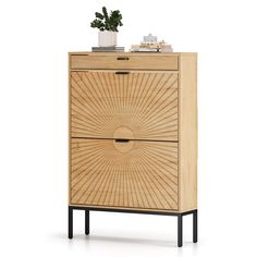 a wooden cabinet with two drawers and a plant on top