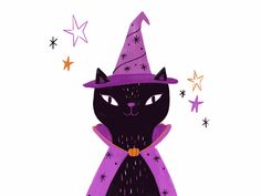 a black cat wearing a purple witches hat and scarf with stars around it's neck